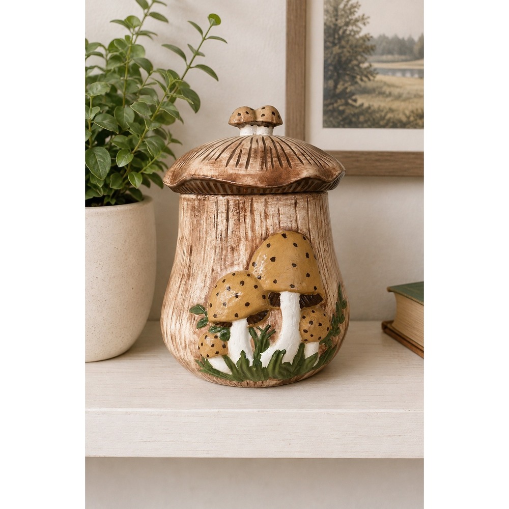 Vintage Arnels RP77 Merry Mushroom Ceramic Canister Hand Painted Woodland Signed